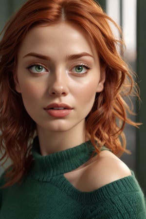 a beautiful Redheaded female model, a beautiful young woman with green eyes. She is wearing a green sweater that is falling off her shoulder, revealing acleavage. The woman has a photorealistic style and is looking at the viewer. The lighting is HDR and the photo is in 8k resolution. The woman has luscious lips and is wearing black stockings. The background is simple and white.