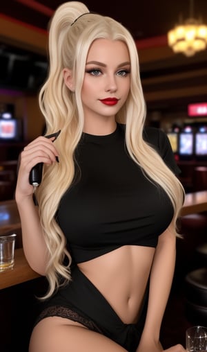 A young woman with unusually large breasts sits alone in a dimly lit casino bar setting, her piercing black eyes fixed intently on the viewer. Her very long thick dense teased fluffed curle wavy platinum blonde hair is styled with a messy loose side hair clip and a top scunchie half-ponytail. She may be a prostitute and is very, very sexy. and she wears a black shirt with short sleeves. In one hand, she cradles a cocktail, while her other hand holds a room key-card, its presence adding an air of erotic to the scene. The table before her features a drinking glass, the only other item in sight. Her full red lips are set in a flirting, smirk, as if she's contemplating her next fucking for cash.