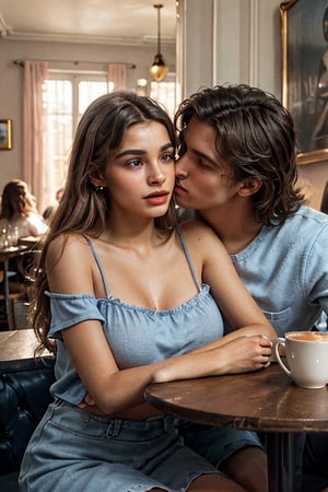 Fashion photography portrait of a french kissing couple, with the male model holding her boob, dressed in cobalt blue and the female model in pastel pink, leaning against each other while seated at a vintage café table. The scene is styled with retro furnishings, soft ambient lighting, and a classic café atmosphere. The couple is sharing a playful moment, with the female model resting her head on the male model’s shoulder. 3D render, CGI, octane render, 35mm, bokeh, 9:16, (intricate details:1.12), HDR, (hyper-detailed:1.15), (natural skin texture, hyperrealism, soft light, sharp:1.2), masterpiece, loving eye contact, charming café setting.