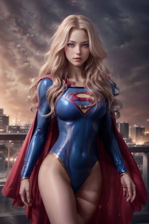 Our cover model exudes confidence in a classic Supergirl costume. Her bleach-blonde hair cascades in loose waves, and her makeup boasts a sultry smoky eye and a glossy nude lip. Discover the allure of Supergirl from DC Comics.  very cool face, cat eye face.