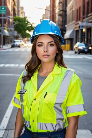 portrait of a confident, beautiful young girl city utility worker. her shoulder length brown hair frames her face. natural beauty. beautiful green and brown eyes. catchlights in the eyes. full lips. She is wearing a hardhat, head lamp, tube top, blue jean coveralls standing half way down a manhole, busy city intersection, arms crossed, frustrated  expression., manhole cover, traffic and baracades background.. . The image has a neutral color tone with natural light setting. f/5.6 50mm, full body shot, sharp focus, (Best Quality:1.4), (Ultra realistic, Ultra high res), Highly detailed, Professional Photography