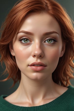 a beautiful Redheaded female model, a beautiful young woman with green eyes. She is wearing a green sweater that is falling off her shoulder, revealing acleavage. The woman has a photorealistic style and is looking at the viewer. The lighting is HDR and the photo is in 8k resolution. The woman has luscious lips and is wearing black stockings. The background is simple and white.