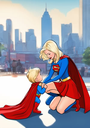 Side photo. A blonde 22 year old Supergirl kneeling before a 1 year old Little Girl. 
Downtown background.
Classic Supergirl ,red cape, red skirt
,SAM YANG,3d toon style,sketch art
