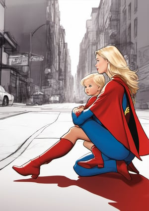 Side photo. A blonde 22 year old Supergirl kneeling before a 1 year old Little Girl. 
Downtown background.
Classic Supergirl ,red cape, red skirt
,SAM YANG,3d toon style,sketch art