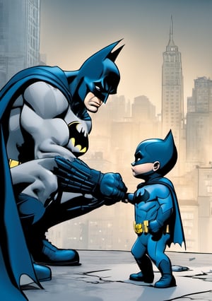 Side photo. Batman squating before a 1 year old Little Girl. 
Downtown background.
Classic blue and gray Batman
,SAM YANG,3d toon style,sketch art