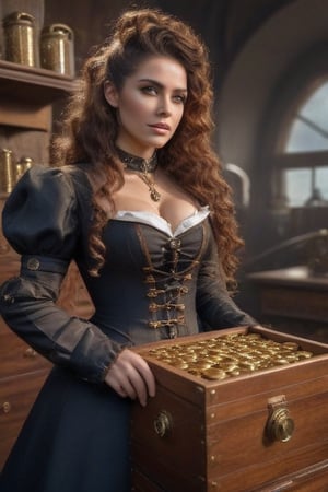 Very beautiful Steampunk lady, (((thick curly long hair, steampunk outfit and binoculars,raygun, In a room full of wooden chests over-flowing with gold coins and pewels, shineing.hyperrealism, photorealistic, 8k, unreal engine,HZ Steampunk