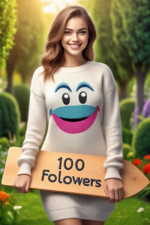 A girl with a sweater dress and big smile in a garden,holding a board with text "100 FOLOWERS" text,illustration, one hundred followers illustration
ultra-detailed,realistic,vivid colors,hdr,sharp focus,studio lighting,beautiful detailed eyes,beautiful detailed lips,longeyelashes,medium