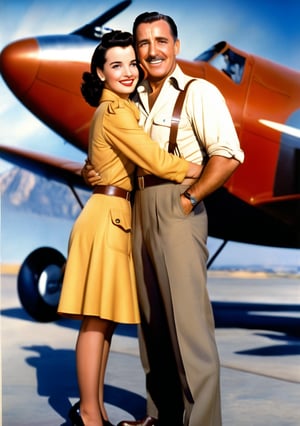 Realistic full body standing photo of Walt Disney's Betty being hugged from behind by Cliff, The Rocketeer., 1930s Airport, BeeGee airplane background.
(Walt Disney Studios movie,1980s)