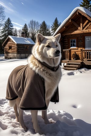 12 year old bleach-blonde, fur blanket, small cabin, falling_snow