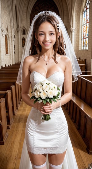  1girl, German Gypsy solo, amami haruka, hair ribbon,
wedding dress, mini dress, wedding veil, white thighhighs, 
,//situations, indoors, in a church, 
,//pose, 
smile, datch angle, cowboy shot, holding Wedding Bouquet, three quarter view, from above
,/LoRA, beautiful_female_fingers, (anatomical correct hands), (correct number of fingers), (beautiful hands), perfect anatomy,