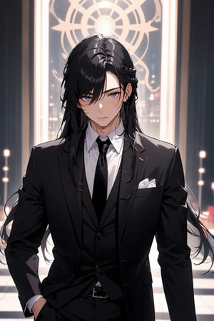1male, male_focus,  (black long hair, black suit black tie, black pants:1.44), upper body, BREAK, (masterpiece, best quality, highres:1.4), 4k, perfect anime anatomy, balanced, harmony,midjourney, 