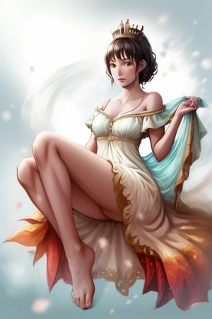 queen, fantasy, full_body, bare_shoulder, bare_feet, dress