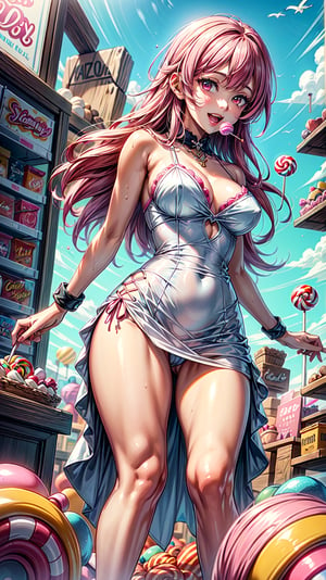 A scene in a place full of sweets and candies with a beautiful young lolipop girl: "It generates a vibrant visual representation of a dazzling young lolipop girl in a place full of bustling sweets and candies. This captivating figure features deep and fascinating pink eyes that reflect the infinite expanse of candies. Her loose pink hair shines with a touch of sugar, framing her perfect figure. She is adorned in a sleek and modern lolipop outfit that accentuates her curves and complements her beauty. The design of the lolipop dress exudes confidence elegance and style. The place around you is filled with a lively crowd of adorable colorful candy, sweet, savory and lolipop characters. The atmosphere is filled with the sounds of laughter, refreshing breezes breaking and the cheerful energy of a lovely day in the place full of sweets and candies. Capture the essence of leisure bathed in sweetness and charm of this beautiful young girl in front of the backdrop of a lively scene of a place full of sweets and candies." Super super detailed, super realistic photographic cinematographic image, super high quality 8k HDR image, masterpiece, (beautiful young girl 25 years old, sexy muscle:0.8, big legs, long hear, pink hear, pink eyes, accentuated breasts, holding a lollipop with his left hand near his mouth), drow