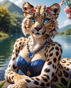 artwork (Highest Quality, 4k, masterpiece, Amazing Details:1.1), (( anthro furry leopard female)) realistic fur, detailed fur texture, laying near a lake,medium breast. deep blue eyes, wearing summer dress, (full body:1.3) Shallow Depth of Field, E671, lens 50mm f/2.0, thin eyebrows, wavy short hair with flower hair ornament, ((photorealistic) (RAW Photo)), fangs, smile, sitting, paws, key visual, vibrant, studio anime, highly detailed,
