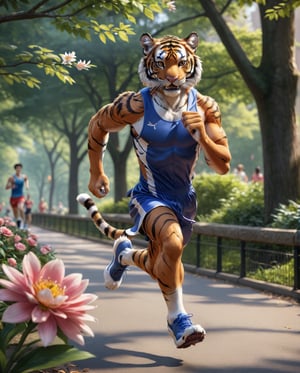 artwork (Highest Quality, 4k, masterpiece, Amazing Details:1.1), (( Anthro furry male tiger)) realistic fur, detailed fur texture, running in  central park, medium breast. deep eyes, wearing sport dress, (full body:1.3) Shallow Depth of Field, E671, lens 50mm f/2.0, thin eyebrows, wavy short hair with flower hair ornament, ((photorealistic) (RAW Photo)), fangs, smile, sitting, paws, key visual, vibrant, studio anime, highly detailed,