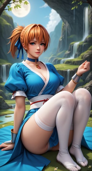 score_8_up, score_7_up, score_6_up, score_5_up, score_4_up, 1 girl, Kasumi \(Dead or Alive 5\), Dead or Alive 5 style Brilliant Lapis costume (The costume is a blue and white tunic with puffed sleeves, swans on the skirt and a white sash holding the Shrouded Moon on her back, white thigh-high stockings, white tabi with blue and white shin guards, hand guards with metal wrist guards and a choker) , perfect body, beautiful face, details eyes, details face, details hair, ((ecstasy + ecstasys)), more detail XL