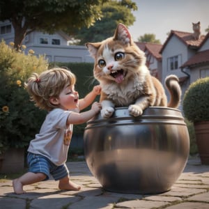 Create images of childrens playfully playing with cheerful cats in different environments, capturing their cuteness and happiness. Show the diversity of cat species, in gardens, homes to beautiful natural and family environments, highlight the love that these children feel for their cats. (childrens playfully playing with cheerful cats), cats, Children boys, children girls,
Super realistic 8k HDR photographic cinematic image, super detailed, super high quality image, masterpiece, Standard lens. Golden hour lighting. 8k, UHD, intricate detailed, highly detailed, hyper-realistic,round animal