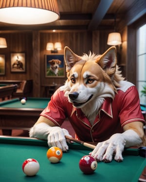 artwork (Highest Quality, 4k, masterpiece, Amazing Details:1.1), (( Anthro furry male dog)) realistic fur, detailed fur texture, enjoying playing billiards. deep eyes, vacation clothes, Shallow depth of field, E671, 50 mm f/2.0 lens, thin eyebrows, ((photorealistic) (RAW Photo)), smile sitting, paws, key visual , vibrant, studio anime, highly detailed,