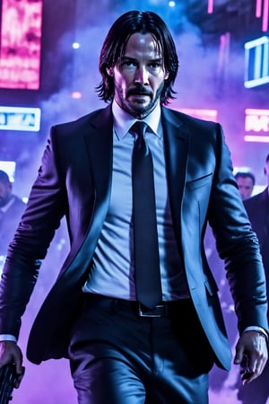 john wick ((real keanu reeves)), action move, the night club, fight with guns,yofukashi background,cyberpunk style,Movie Still,cyborg style,mecha