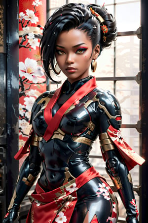 A black female cyborg assassin, "Ghost in the Shell style", cyborg looks futuristic. She is adorned in a traditional, futuristic, elegant and modern kimono dress that accentuates her curves and complements her beauty. The traditional kimono design exudes confidence, revealing, elegance and style. (((African American woman))), (((traditional kimono dress))), Bright red killer eyes, black hair, tan skin:3.5, long hair, accentuated breasts, intentionally exposed mechanical and cyborg arms, mechanical big legs, hips wide, lethal arms, action poses, futuristic background, masterpiece, hyper realistic,