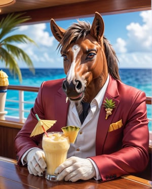 artwork (Highest Quality, 4k, masterpiece, Amazing Details:1.1), (( Anthro furry male hourse)) realistic fur, detailed fur texture, enjoying drinking pina colada on a cruise. deep eyes, vacation clothes, Shallow depth of field, E671, 50 mm f/2.0 lens, thin eyebrows, ((photorealistic) (RAW Photo)), smile sitting, hands, key visual , vibrant, studio anime, highly detailed,