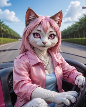 artwork (Highest Quality, 4k, masterpiece, Amazing Details:1.1), (( Anthro furry cat)) realistic fur, detailed fur texture, driving a pink sports car. deep eyes, vacation clothes, Shallow depth of field, E671, 50 mm f/2.0 lens, thin eyebrows, ((photorealistic) (RAW Photo)), smile sitting, paws, key visual , vibrant, studio anime, highly detailed,