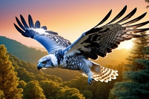 (masterpiece:1.2, highest quality), (realistic, photo_realistic:1.9), ((Photoshoot))
a harpy eagle flying, attacking a mouse (detailed background), (gradients), detailed colorful landscape, key visual, glowing skin.
beautiful and forest, stunning trees and flowers, stunning sunset. Medium shot. action camera. Portrait film. standard lens Golden hour lighting.
8k, UHD, high quality, frowning, intricate detailed, highly detailed, hyper-realistic,(Circle:1.4)