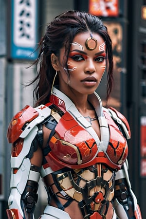 A black female cyborg assassin, "Ghost in the Shell style", cyborg looks futuristic. She is adorned in a traditional, futuristic, elegant and modern kimono dress that accentuates her curves and complements her beauty. The traditional kimono design exudes confidence, revealing, elegance and style. (((African American woman))), (((traditional kimono dress))), Bright red killer eyes, black hair, tan skin:3.5, long hair, accentuated huge breasts, intentionally exposed mechanical and cyborg arms, large mechanical legs, wide hips, lethal arms, action poses, futuristic background, masterpiece, hyper realistic,