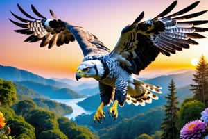 (masterpiece:1.2, highest quality), (realistic, photo_realistic:1.9), ((Photoshoot))
2 harpy eagle flying, attacking a mouse, (detailed background), (gradients), detailed colorful landscape, key visual, glowing skin.
beautiful and forest, stunning trees and flowers, stunning sunset. Medium shot. action camera. Portrait film. standard lens Golden hour lighting.
8k, UHD, high quality, frowning, intricate detailed, highly detailed, hyper-realistic,(Circle:1.4),cyborg style