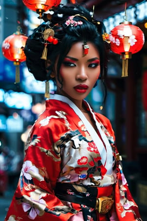 A black female cyborg assassin, "Ghost in the Shell style", cyborg looks futuristic. She is adorned in a traditional, futuristic, elegant and modern kimono dress that accentuates her curves and complements her beauty. The traditional kimono design exudes confidence, revealing, elegance and style. (((African American woman))), (((traditional kimono dress))), Bright red killer eyes, black hair, tan skin:3.5, long hair, accentuated breasts, intentionally exposed mechanical and cyborg arms, mechanical big legs, hips wide, lethal arms, action poses, futuristic background, masterpiece, hyper realistic,