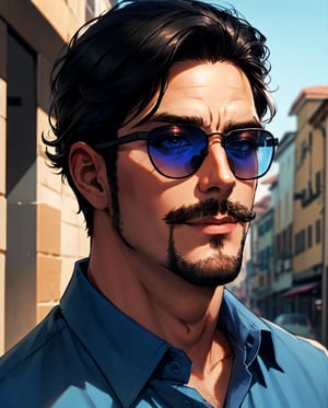 handsome white panamanian man with blue shirt, with sunglasses, black hear, very short van dyke beard on face 