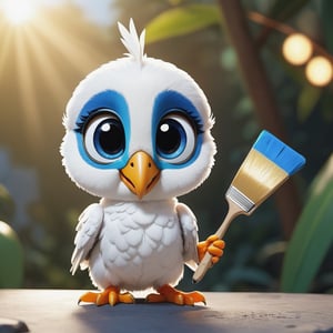 (masterpiece:1.2, highest quality), (realistic, photo_realistic:1.9)
1chibi_parrot, Cute chibi white parrot, happy face, Chest written "TA", (Designer look holding a paintbrush in one hand), white with blue, (detailed background), (gradients), colorful, detailed landscape, visual key, shiny skin. Modern place, Action camera. Portrait film. Standard lens. Golden hour lighting.
sharp focus, 8k, UHD, high quality, frowning, intricate detailed, highly detailed, hyper-realistic,interior,robot white with blue,chibi emote style,Monster, wall-e