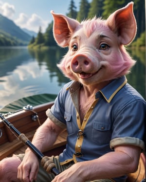 artwork (Highest Quality, 4k, masterpiece, Amazing Details:1.1), (( Anthro furry male pig)) realistic fur, detailed fur texture, enjoying fishing on the lake in a boat. deep eyes, vacation clothes, Shallow depth of field, E671, 50 mm f/2.0 lens, thin eyebrows, ((photorealistic) (RAW Photo)), smile sitting, paws, key visual , vibrant, studio anime, highly detailed,