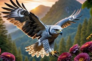 (masterpiece:1.2, highest quality), (realistic, photo_realistic:1.9), ((Photoshoot))
a harpy eagle flying, attacking a mouse (detailed background), (gradients), detailed colorful landscape, key visual, glowing skin.
beautiful and forest, stunning trees and flowers, stunning sunset. Medium shot. action camera. Portrait film. standard lens Golden hour lighting.
8k, UHD, high quality, frowning, intricate detailed, highly detailed, hyper-realistic,(Circle:1.4)