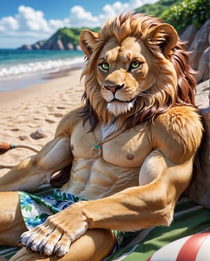artwork (Highest Quality, 4k, masterpiece, Amazing Details:1.1), (( anthro furry male lion)) realistic fur, detailed fur texture, laying near a beach, medium breast. deep green eyes, wearing summer dress, (full body:1.3) Shallow Depth of Field, E671, lens 50mm f/2.0, thin eyebrows, wavy hair with black sunglasses, ((photorealistic) (RAW Photo)), fangs, smile, sitting, paws, key visual, vibrant, studio anime, highly detailed,