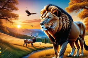 (masterpiece:1.2, highest quality), (realistic, photo_realistic:1.9), ((Photoshoot))
a big lion and a big male elk behind the lion, walking, birds on the sky, (detailed background), (gradients), detailed colorful landscape, key visual, glowing skin.
beautiful and forest, stunning trees and flowers, stunning sunset. Medium shot. action camera. Portrait film. standard lens Golden hour lighting.
8k, UHD, high quality, frowning, intricate detailed, highly detailed, hyper-realistic,(Circle:1.4)