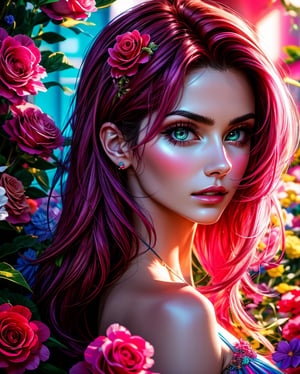 portrait in the most beautiful, elegant way, beautiful and elegant design, vivid colors, romanticism, a beautiful 25 year old girl wearing intricate flowers with vivid details, intricate flowers as a dress, ((elegant and fascinating)), close up, roses, bound, floral roses, ethereal flowerpunk, the platonic ideal of flowers, in a garden of pink flowers, neon lights, cyberpunk, vaporwave, neon, vibes, vibrant, incredibly beautiful, sharp, detailed, sleek, ultramodern , magenta highlights, pink shadows, high contrast, cinematic, ultra detailed, intricate, professional