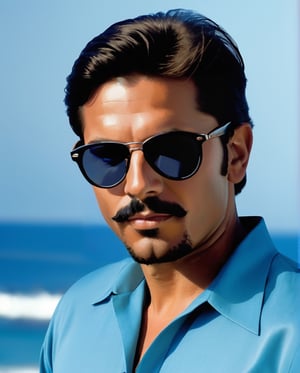 handsome white panamanian man with blue shirt, with sunglasses, black hear, very small van dyke beard on face 