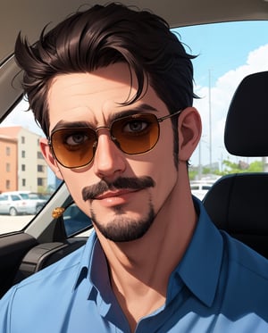 handsome white panamanian man with blue shirt, with sunglasses, black hear, very small van dyke beard on face 