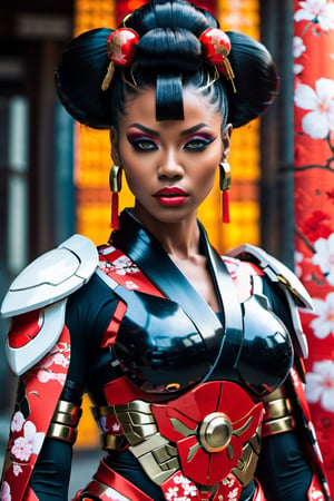 A black female cyborg assassin, "Ghost in the Shell style", cyborg looks futuristic. She is adorned in a traditional, futuristic, elegant and modern kimono dress that accentuates her curves and complements her beauty. The traditional kimono design exudes confidence, revealing, elegance and style. (((African American woman))), (((traditional kimono dress))), Bright red killer eyes, black hair, tan skin:3.5, long hair, accentuated huge breasts, intentionally exposed mechanical and cyborg arms, large mechanical legs, wide hips, lethal arms, action poses, futuristic background, masterpiece, hyper realistic,cyber
