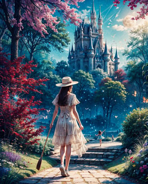 1girl, beautiful girl painting a magical castle on a canvas with a brush, simple dress, little fairies, fireflies, night, stars, bright full moon, magical forest background, full body,  Super realistic photographic cinematic image 8K ULTRA HD HDR, magical photography, super detailed, (ultra detailed), (best quality, super high quality image, masterpiece), (very detailed background, detailed landscape), delicate details, raw image,
