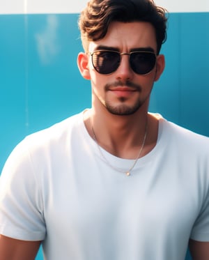 handsome white panamanian man with open blue shirt with white t-shirt, with sunglasses, black hear, very small van dyke beard on face 