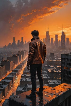 A dystopian metropolis sprawls across the canvas, its sleek skyscrapers and neon-lit billboards illuminated by a fiery orange sunset. A lone figure, dressed in a worn leather jacket, stands atop a crumbling rooftop, gazing out at the desolate landscape as if contemplating the future. Soft brushstrokes blend with thick oil pigments to create a textured, atmospheric scene, oil paint ,best quality, masterpiece,