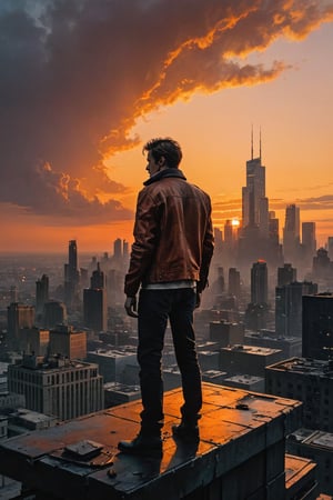 A dystopian metropolis sprawls across the canvas, its sleek skyscrapers and neon-lit billboards illuminated by a fiery orange sunset. A lone figure, dressed in a worn leather jacket, stands atop a crumbling rooftop, gazing out at the desolate landscape as if contemplating the future. Soft brushstrokes blend with thick oil pigments to create a textured, atmospheric scene, oil paint ,best quality, masterpiece,