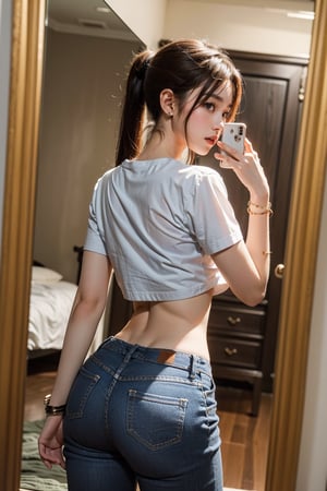 photorealistic, raw photo, best quality, ultra detailed, masterpiece, 
1girl, solo, long hair, shirt, black hair, jewelry, white shirt, ponytail, short sleeves, pants, indoors, bracelet, denim, jeans, realistic, midriff,(((looking at herself in the mirror)))
