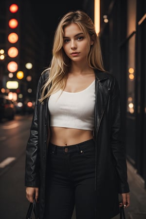 super cute blond woman in a dark theme