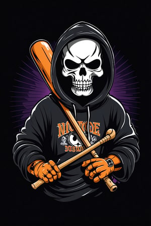 (best quality, 4k, 8k, highres, masterpiece:1.2), ultra-detailed,T-shirt design,illustration, a skeleton in a hoodie holding a baseball bat and wearing a hoodie with a hood,vector illustration,black background