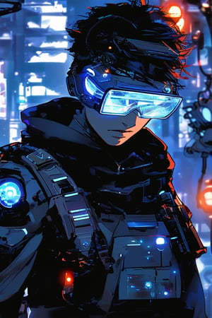 A high-tech police investigator at a crime scene in a futuristic city. They use advanced forensic tools and augmented reality glasses to gather evidence and reconstruct events. The investigator's cybernetic eye scans for hidden clues. 
Comic,manga,dark theme,concept art,Expressiveh