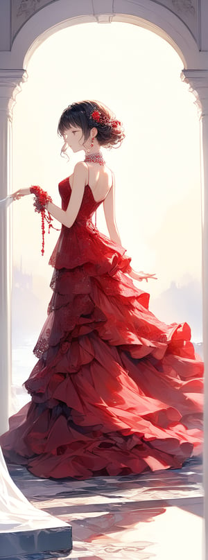 Title: "Crimson Elegance"

In a setting drenched in romance and elegance, a solitary figure, a girl, graces the scene with an aura of enchantment. She is adorned in a breathtaking ensemble, embodying the essence of sophistication and allure in a Romantic Lace Dress that captivates the eye and stirs the heart.

Her choice of attire is a testament to timeless beauty and grace—a resplendent lace dress in a hue of crimson or burgundy that evokes passion and mystery. The delicate lace fabric drapes softly around her form, whispering of whispered secrets and whispered promises. The rich color of the dress adds a layer of depth and allure, creating an air of intrigue and sophistication that is perfect for a romantic Valentine's Day dinner or an evening of enchantment.

To complement the ethereal beauty of the lace dress, she adorns herself with pearls, the epitome of classic elegance and refinement. A string of pearls necklace graces her neck, its lustrous orbs reflecting the light with a mesmerizing glow. Pearl stud earrings adorn her ears, adding a touch of subtle glamour to her ensemble. A pearl-adorned clutch dangles from her wrist, a symbol of understated luxury and sophistication.

The pearls harmonize with the lace dress, enhancing its romantic appeal and elevating the overall look to one of timeless elegance. Each accessory is a stroke of finesse, adding a touch of purity and grace to the girl's ensemble, creating a symphony of beauty that is both captivating and alluring.

Authored by kyo8sai, this magnificent creation stands as a testament to the artist's creative prowess and was brought to life on 2024-09-07.The painting is signed 'kyo8sai' on the edge.

"Crimson Elegance" captures a moment frozen in time, where beauty and romance intertwine in a dance of passion and refinement. The girl, draped in lace and pearls, embodies a sense of poise and allure, inviting admiration and stirring emotions in those who behold her presence.
