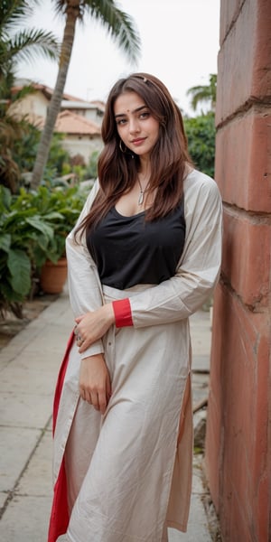 21 year old 
 women , wearing oversized t-shirt, block hair, black eyes, red juicy lips brown hair , long hair , smiling, big breast, in the  , kurti 
